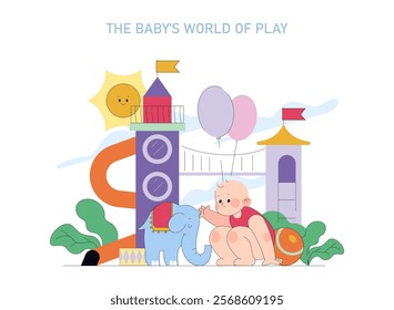 Baby's First Year concept. Joyful illustration capturing the wonder of early childhood with playful elements and a curious baby. Vector illustration.