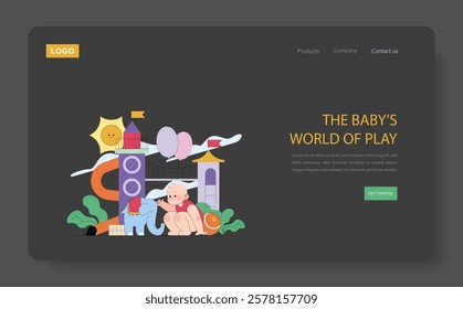 Baby's First Year concept. Playful illustration capturing early childhood with toys and a crawling baby. Exploration and development themes. Vector illustration.