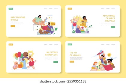 Baby's First Year set. Capturing milestone celebrations and nurturing moments. Learning, growing, bedtime, and sibling bonds. Vector illustration.