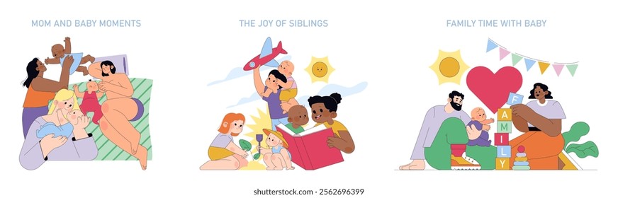 Baby's First Year set. Capturing precious moments with mom, playful sibling interactions, and cozy family bonding times. Vector illustration.