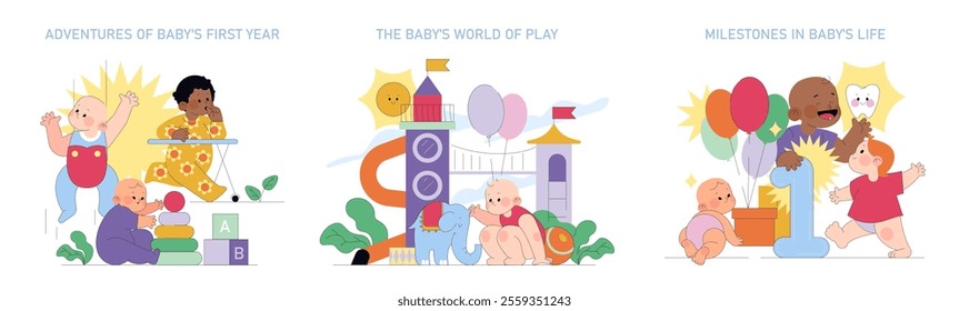 Baby's First Year set. Diverse babies engage in developmental activities and celebrate milestones. Infancy growth stages, learning, and playtime illustrated. Vector illustration.