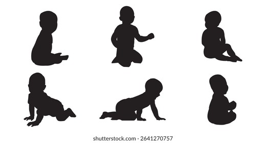 Baby's First Year in Silhouettes Diverse Baby Silhouette Set Showing Crawling Sitting And Standing On White Background  . 