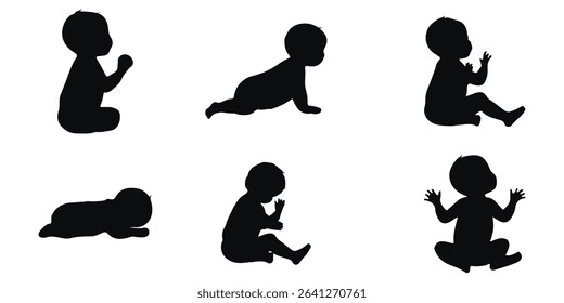 Baby's First Year in Silhouettes Diverse Baby Silhouette Set Showing Crawling Sitting And Standing On White Background  . 