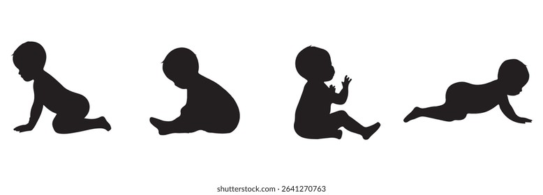 Baby's First Year in Silhouettes Diverse Baby Silhouette Set Showing Crawling Sitting And Standing On White Background  . 