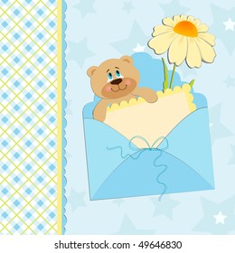 Baby's greetings card with bear cub and chamomile in blue colors (EPS10)
