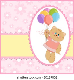 Baby's greetings card with cat and flying balloons (EPS10)