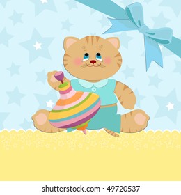 Baby's greetings card with cat and whirligig (EPS10)