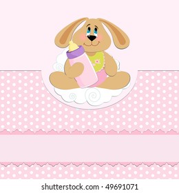 Baby's greetings card with rabbit and bottle in pink colors (EPS10)