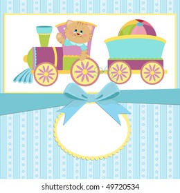 Baby's greetings card with toy cat, train and ball (EPS10)