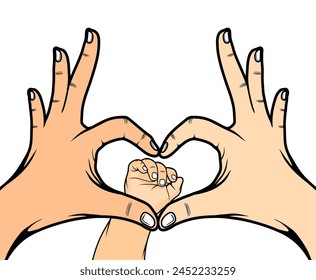 baby's hand between mom and dad's thumb and index finger to form love vector illustration