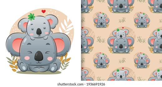 The baby's koala sitting on the big koala's head with the cute background of illustration