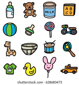 baby's objects, icons set / cartoon vector and illustration, hand drawn style, isolated on white background.