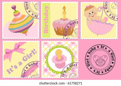 Baby's postage marks and stamps with arrival announcement theme (EPS10)