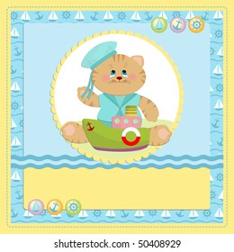 Baby's postcard with sailor cat in blue colors (EPS10)