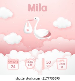 Baby's posters, height, weight, date of birth with stork carrying a cute baby in a bag in pink sky background. Newborn announcement cards, birthday party, poster,  It’s a girl. Vector illustration