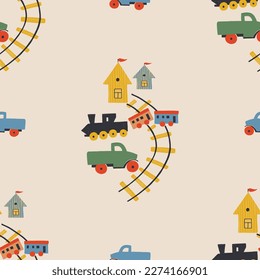 Baby's Railway train transport seamless pattern. Cute hand drawn vector illustration. 