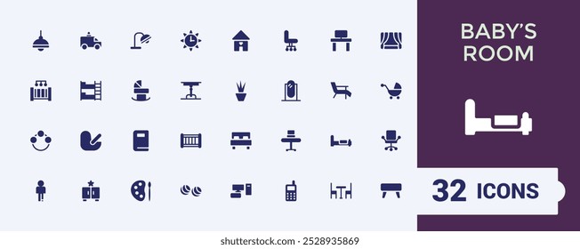 Baby's room solid icons set. collection of home interior,  furniture for the living room, bedroom, children's room and more. Editable and pixel perfect icon pack.