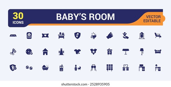 Baby's room solid icons set. collection of home interior,  furniture for the living room, bedroom, children's room and more. Editable and pixel perfect icon pack.