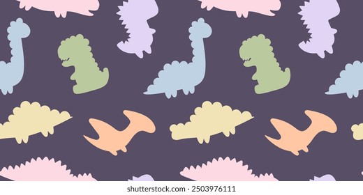 Baby's seamless pattern with dinosaurs. Pattern with cute dino. Scandinavian print with dinosaurs for kids bedding, pajamas, textile, shower. Minimal Pastel Banner with Dinosaurs on dark background