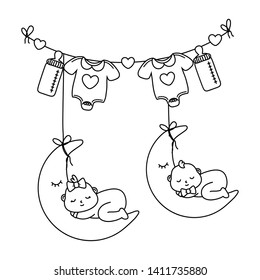 babys sleeping over the moon in black and white