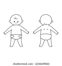 Baby's whole body front and back 1 color line drawing.