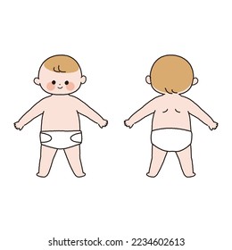 Dibujo de la línea de color frontal y posterior del cuerpo entero del bebé.