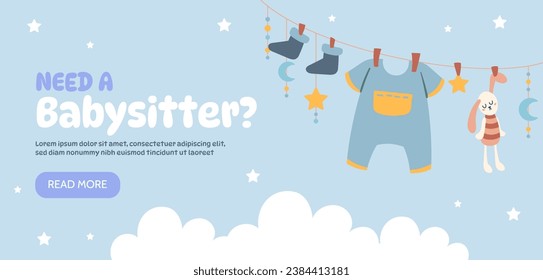 Afiche publicitario para bebés. Ropa en cuerda al fondo del cielo con nubes. Cuidar de niños y niños. Diseño de página de inicio. Elemento gráfico para el sitio web. Dibujo vectorial plano de dibujos animados