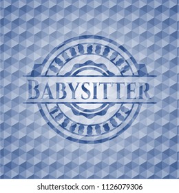 Babysitter blue badge with geometric background.