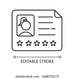 Icono lineal perfecto para el certificado de la niñera. Empleado profesional. Recomendación de cinco estrellas. Ilustración personalizable en línea delgada. Símbolo de contorno. Dibujo de contorno aislado del vector. Trazo editable