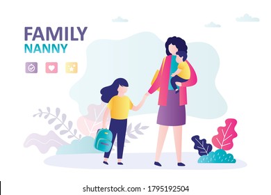 Babysitter with children walks in park. Babysitting service and family nanny. Mom meets daughter from school. Female character holding little boy. Banner in trendy style. Flat vector illustration