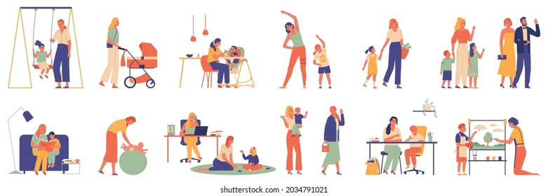 Babysitter color set with isolated icons characters of kids parents and nursery teachers in various situations vector illustration