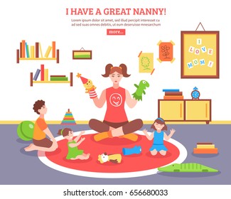 Babysitter concept  with nanny children and toys in the room  flat vector illustration 