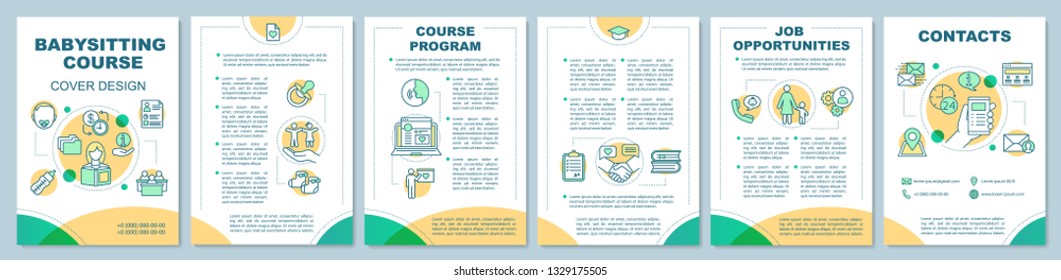 Babysitter Course In Quiet Colours Brochure Template Layout. Babysitting Jobs. Flyer, Booklet, Leaflet Print Design With Linear Icons. Vector Page Layouts For Magazines, Annual Reports, Posters