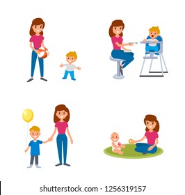 Babysitter deals with children. The nanny feeds, walks with the child, plays with the child. A set of flat illustrations of vector babysitter and nanny with different children.