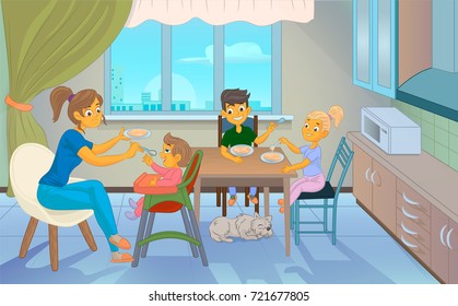 babysitter feeding kid in kitchen