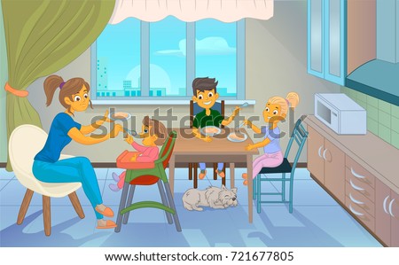 babysitter feeding kid in kitchen