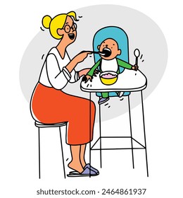 Babysitter feeds the baby . Vector illustration
