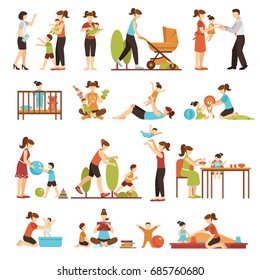 Babysitter flat set of decorative colored icons with nanny parents and kids in various situations isolated vector illustration