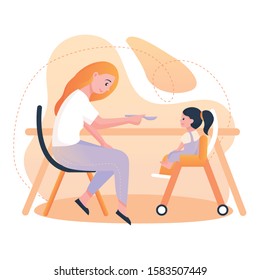 Babysitter flat vector illustration with gradient. Nanny feeds the child and sits on a chair. Ginger girl babysitter with kid on highchair on abstract background