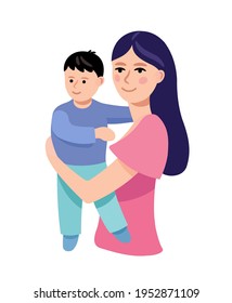 Babysitter. The babysitter is holding the child. A young girl with a child. Isolated vector illustration.