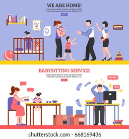 Babysitter horizontal banners set with nanny symbols flat isolated vector illustration 