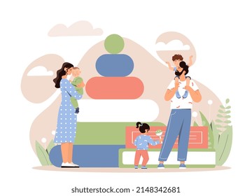 Babysitter with kids. Man and woman holding girl and boy in arms. Parents and children, happy family playing, rest after work at weekend. Development and creativity. Cartoon flat vector illustration