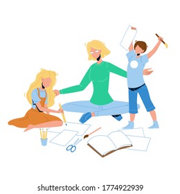 Babysitter Make Exercises With Children Vector. Babysitter Young Woman Playing And Educate With Little Boy And Girl. Characters Play Educational Game Together Flat Cartoon Illustration