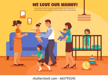 Babysitter mother father and children and toys in the room flat vector illustration 