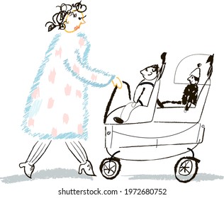 Babysitter Nanny With Children. Cute hand drawn vector illustration