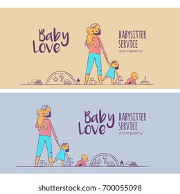 babysitter nanny holding baby, hand drawn doodles illustration.