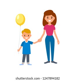 A babysitter or nanny holds the child by the hand for a walk. Boy holding a balloon. Vector flat isolated illustration on white background.