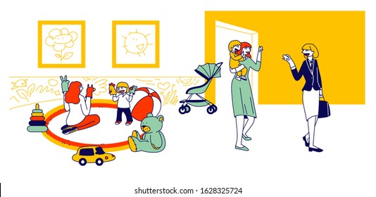 Babysitter and Nanny Occupation Concept. Nursery Persons Playing with Children, Care of Newborn Toddlers. Educational Profession, Work with Infant Babies. Cartoon Flat Vector Illustration, Line Art