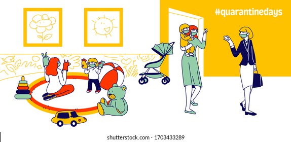 Babysitter and Nanny Occupation at Quarantine due to Covid 19 Concept. Nursery Characters in Masks Playing with Children, Care of Newborn Toddlers. Work with Infant Babies. Linear Vector Illustration