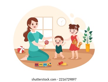 Babysitter or Nanny Services to Care for Provide for Baby Needs and Play with Children on Flat Cartoon Hand Drawn Template Illustration